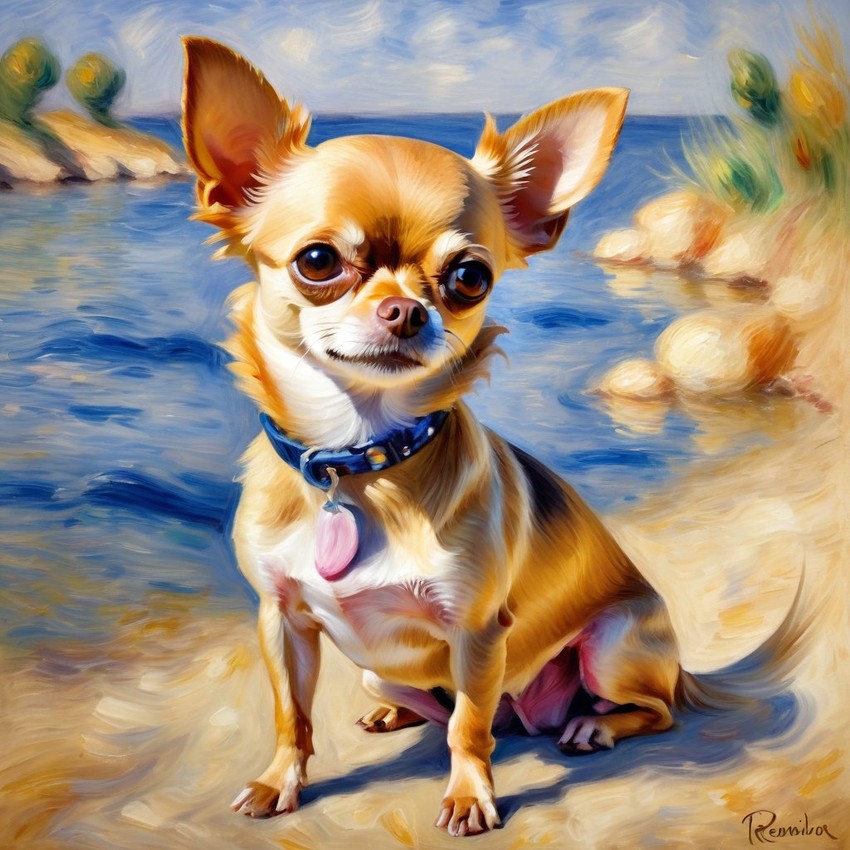 chihuahua in the style of renoir, showcasing classic artistic brush strokes and timeless elegance.