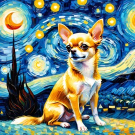 chihuahua by van gogh, featuring starry night brush strokes, capturing a cute and happy expression.