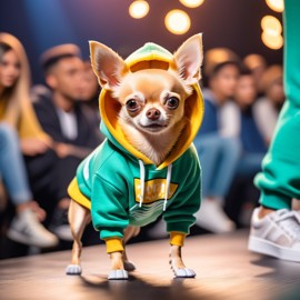 chihuahua strutting down the fashion show catwalk stage in trendy streetwear including a cool hoodie and sneakers, high energy and trendy.