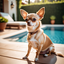 chihuahua suntanning next to a luxurious villa pool, capturing a posh and happy moment.