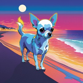 anime artwork of chihuahua in city pop style, retro vaporwave, night view, summer beach scene.