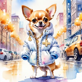 watercolor painting of chihuahua in a white puffer coat with golden hip hop chains, set in a posh urban environment.