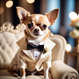 chihuahua in a beautiful wedding suit, capturing a cute and happy moment in a romantic environment.