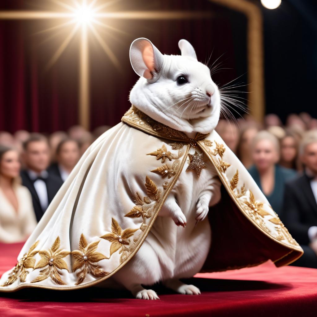 white chinchilla strutting down the fashion show catwalk stage in a luxurious velvet cape with gold embroidery, high energy and majestic.