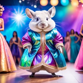 white chinchilla strutting down the fashion show catwalk stage in an extravagant cosmic-themed outfit with iridescent fabrics, high energy and extravagant.