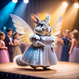 standard grey chinchilla strutting down the fashion show catwalk stage in a magical fairytale dress with glittering wings, high energy and magical.