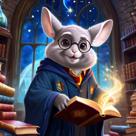 standard grey chinchilla as harry potter, with glasses and a magical hogwarts setting, evoking a celestial and epic feel.