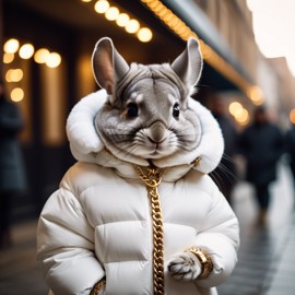 standard grey chinchilla in a large white puffer coat with golden hip hop chains, set in a posh urban environment.