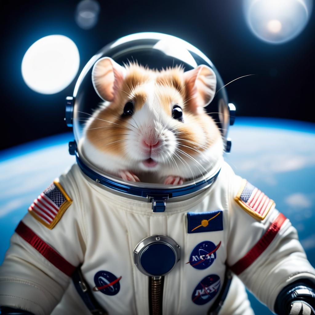 chinese hamster as astronaut in space, wearing spacesuit, with spacestation background.