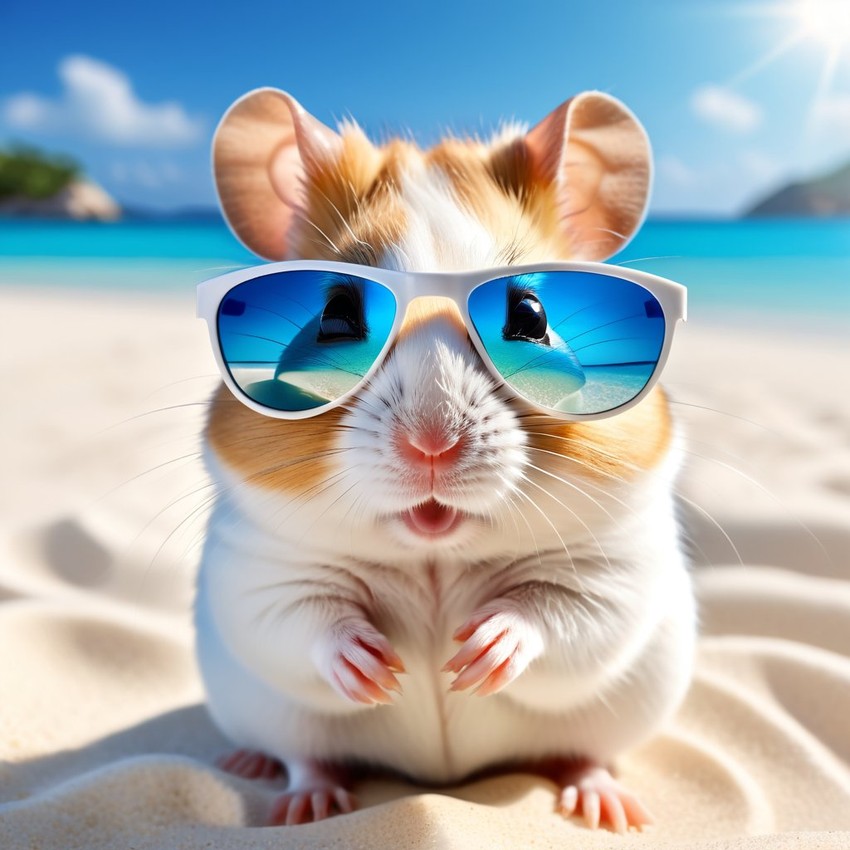 chinese hamster on a beautiful beach with white sand and blue sea, wearing sunglasses.