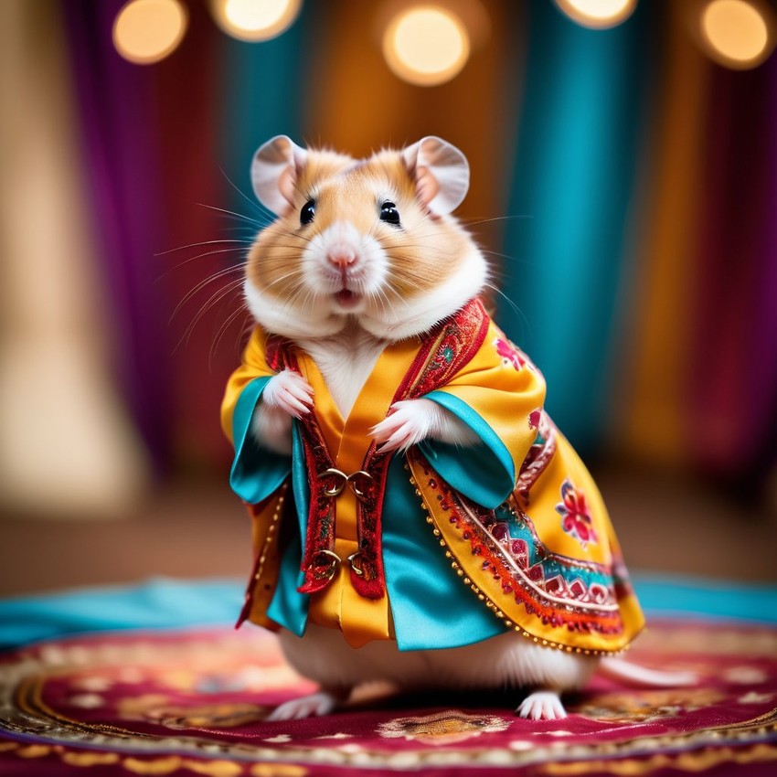 chinese hamster strutting down the fashion show catwalk stage in a colorful bohemian outfit with flowing fabrics, high energy and joyful.