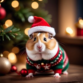 chinese hamster in a christmas sweater and santa hat, festive and detailed.