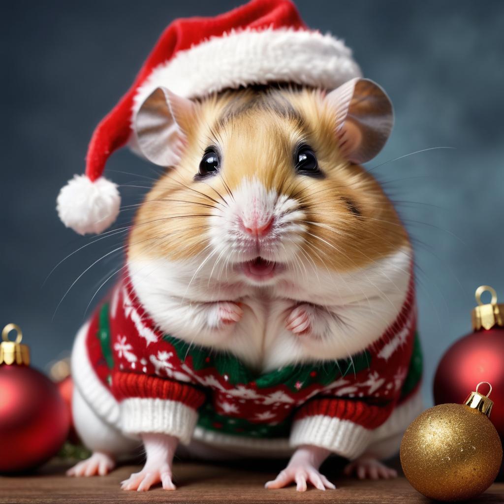 chinese hamster in a christmas sweater and santa hat, lifelike and festive.