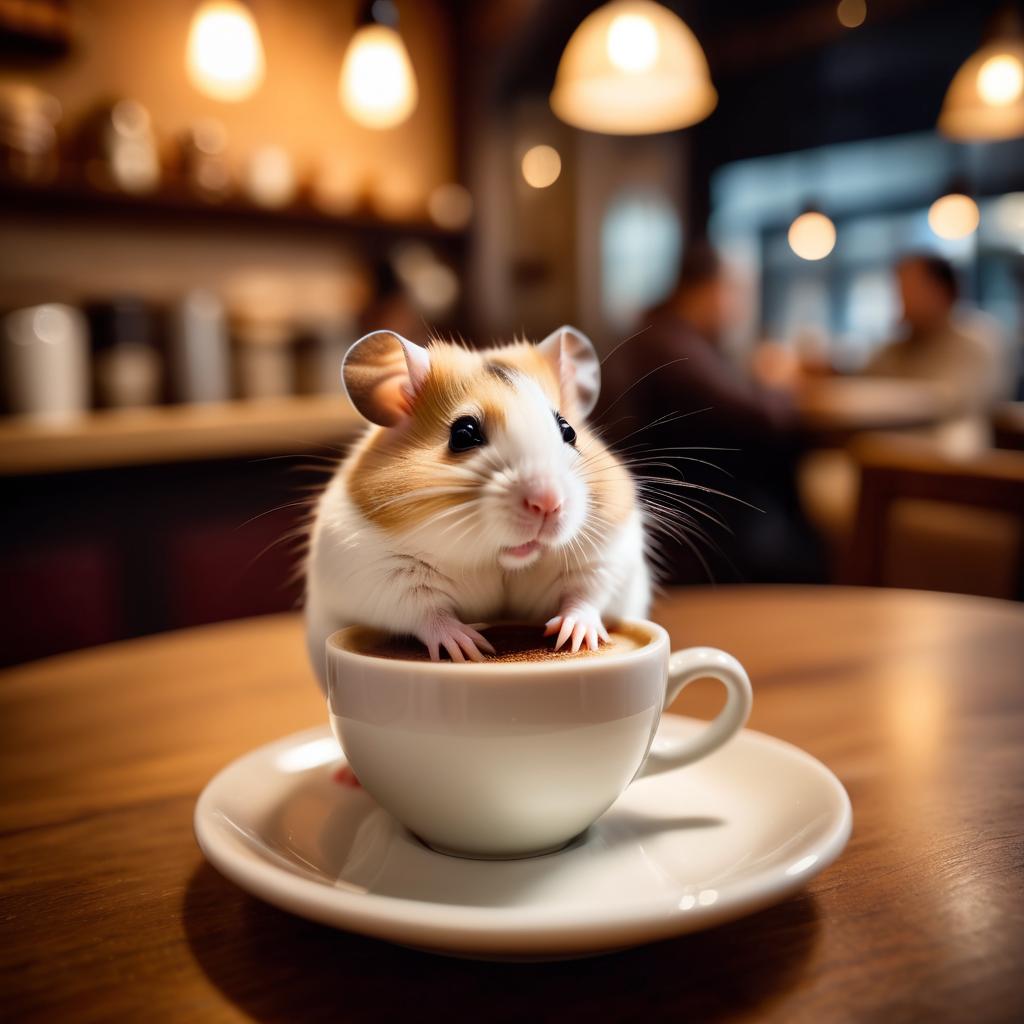 chinese hamster sitting in a cozy coffee shop with a cup of coffee, detailed and vibrant.