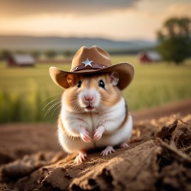 chinese hamster as a cowboy wearing a hat, in the midwest countryside, on a farm.