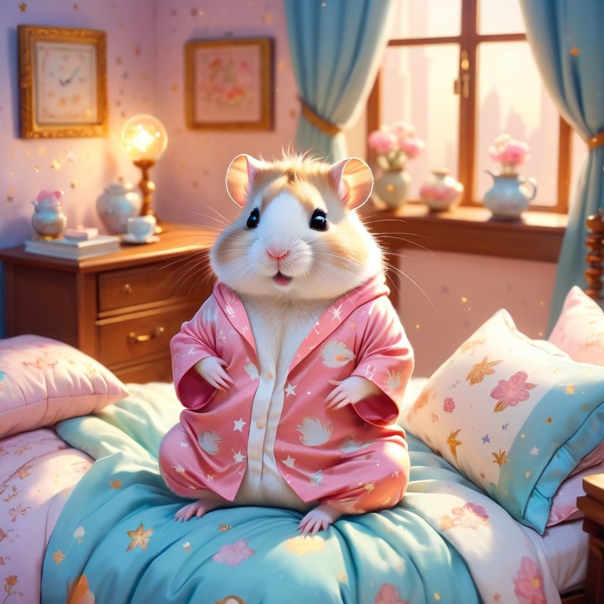 chinese hamster in cute pyjamas, relaxing in a posh bedroom, capturing an ethereal and happy moment.