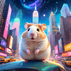 chinese hamster in new york depicted in ethereal fantasy art, with a magical and celestial backdrop.