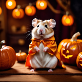 chinese hamster in a halloween costume with pumpkins and eerie decorations, highlighting their festive spirit.