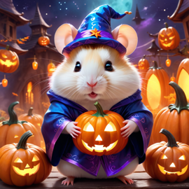 chinese hamster in a halloween costume, with a magical and ethereal atmosphere surrounded by pumpkins.