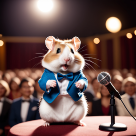 chinese hamster as a keynote speaker on stage, dressed elegantly, holding a microphone, exuding charisma and confidence.