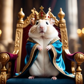 chinese hamster as a king in a magical castle, wearing a crown and robe, seated on a throne.