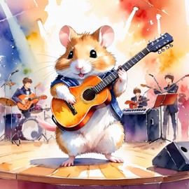 chinese hamster as a musician in a watercolor painting, playing guitar in a vibrant and detailed concert hall scene.