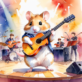 chinese hamster as a musician in a watercolor painting, playing guitar in a vibrant and detailed concert hall scene.