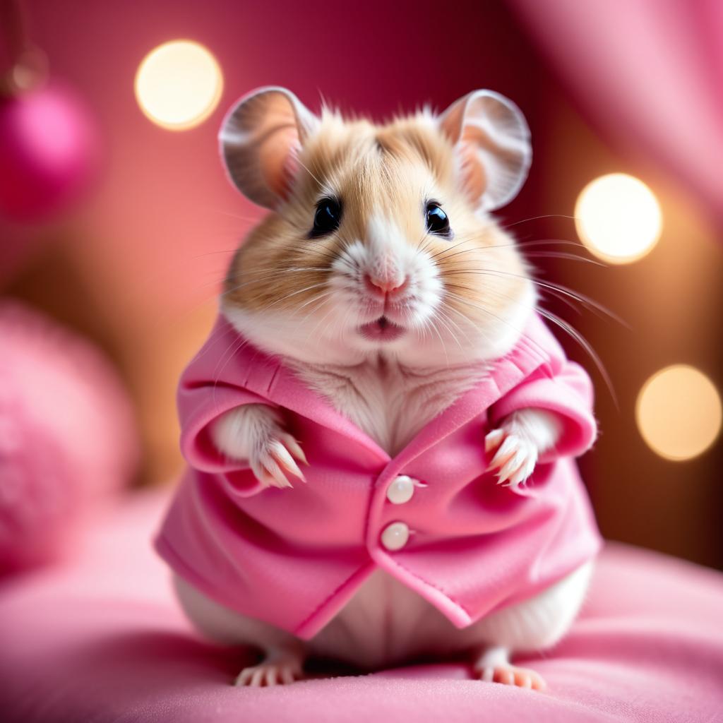 chinese hamster dressed in pink clothing, in a beautiful pink scene, radiating joy and cuteness.