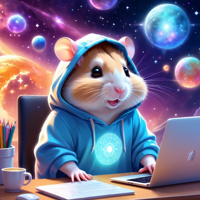 chinese hamster as a programmer, working on a laptop in a hoodie, capturing a cute and magical moment.