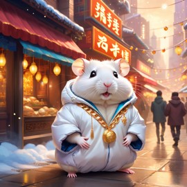 chinese hamster in a white puffer coat with golden hip hop chains, in a posh urban environment, looking cute and happy.