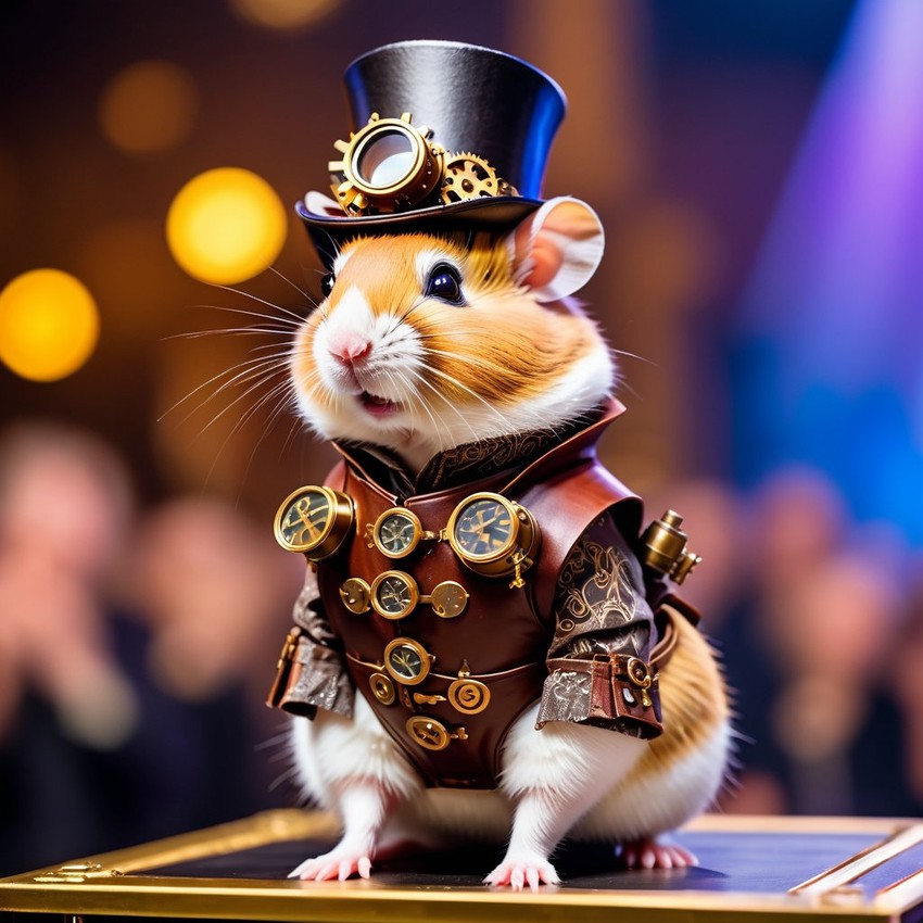 chinese hamster strutting down the fashion show catwalk stage in an elaborate steampunk outfit featuring leather harnesses, brass gears, and a top hat, high energy and dramatic.