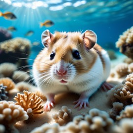 chinese hamster swimming in a vibrant blue ocean with fish and coral reef, capturing a sunny and happy underwater scene.