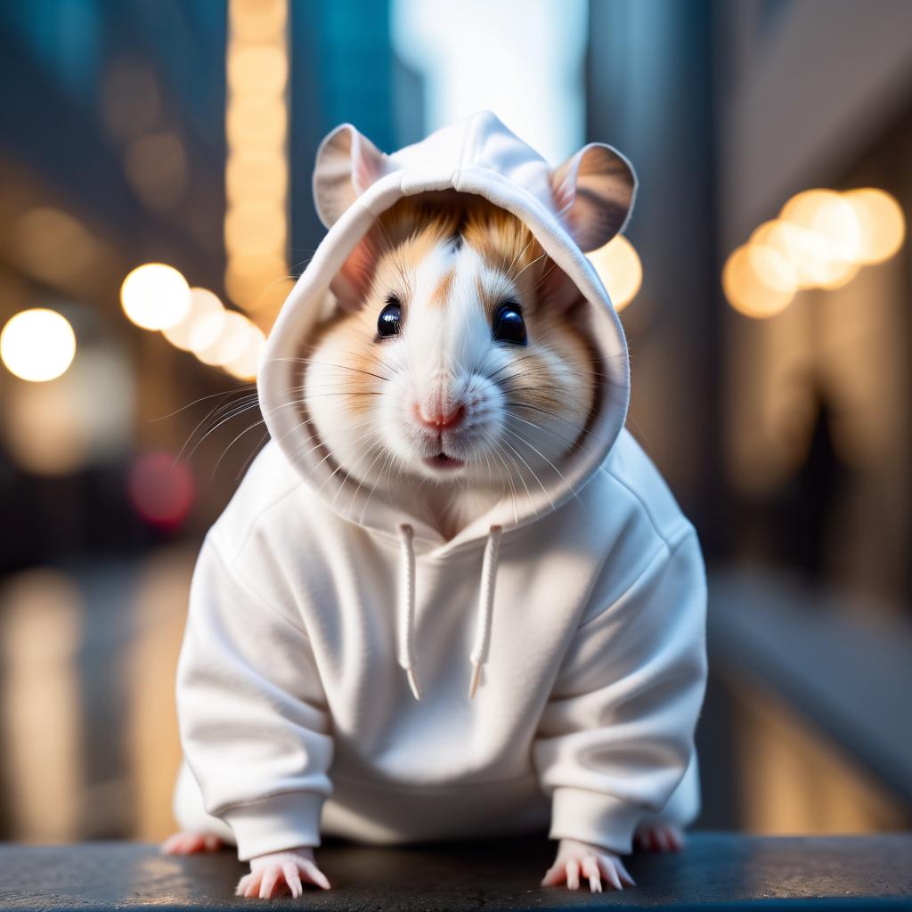 chinese hamster in a white hoodie, showcasing a modern urban setting with a cute and stylish look.