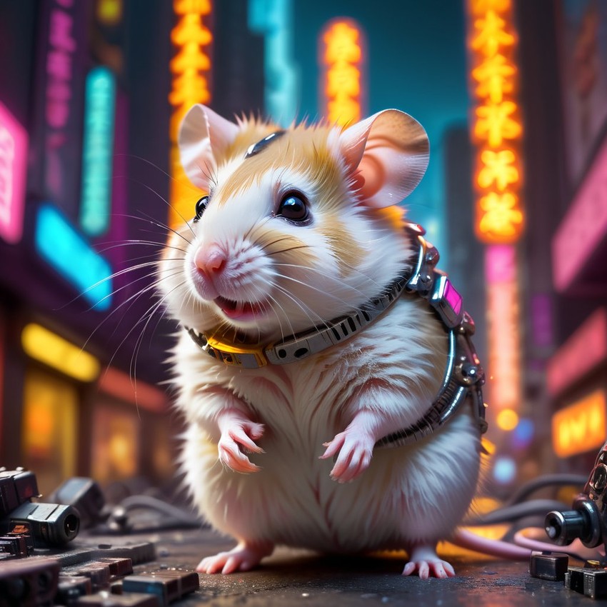 chinese hamster in a vibrant neon city with chinapunk style, featuring captivating lighting and a modern, exotic look.