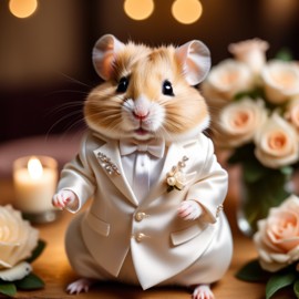 chinese hamster in a beautiful wedding suit, capturing a cute and happy moment in a romantic environment.