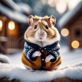 chinese hamster in a beautiful winter scene, wearing stylish winter clothing, looking cute and happy.