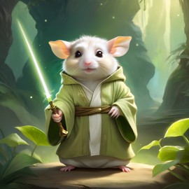 chinese hamster as yoda from star wars, holding a green lightsaber in a cinematic star wars scene.