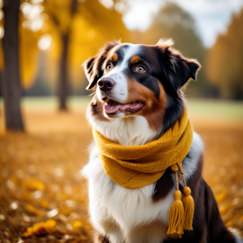 cinematic autumn scene of australian shepherd in a yellow scarf, highly detailed and beautiful.