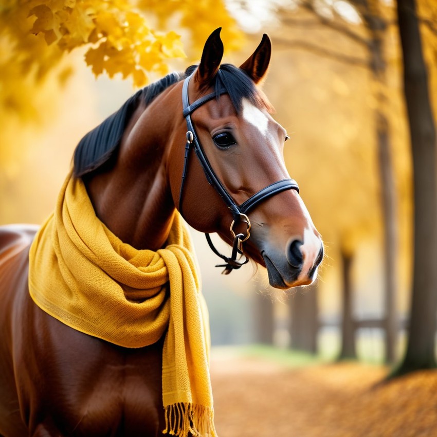 cinematic autumn scene of arabian horse in a yellow scarf, highly detailed and beautiful.