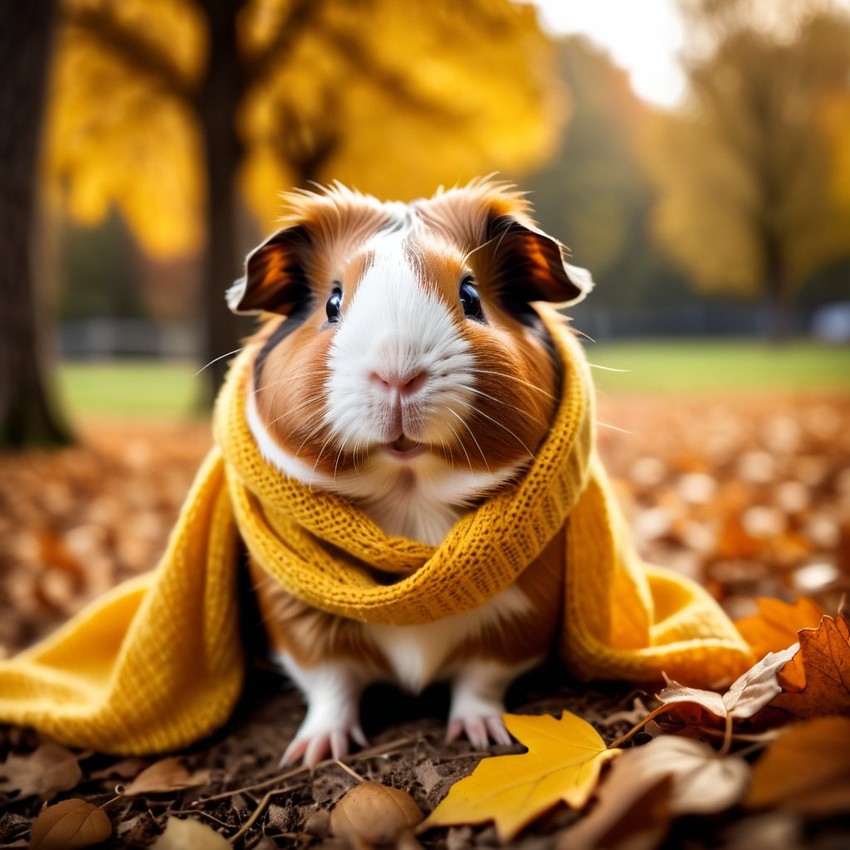 cinematic autumn scene of american guinea pig in a yellow scarf, highly detailed and beautiful.