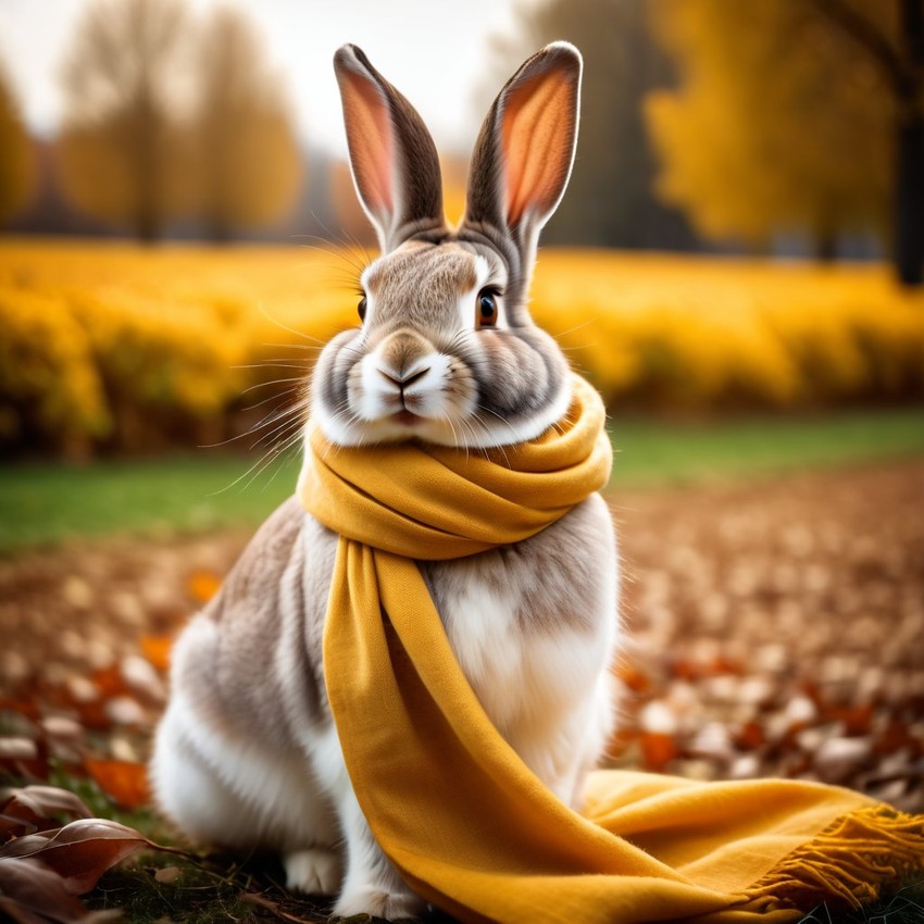 cinematic autumn scene of flemish giant rabbit in a yellow scarf, highly detailed and beautiful.