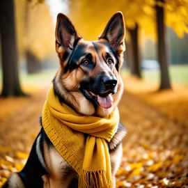 cinematic autumn scene of german shepherd in a yellow scarf, highly detailed and beautiful.