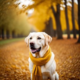 cinematic autumn scene of labrador retriever in a yellow scarf, highly detailed and beautiful.