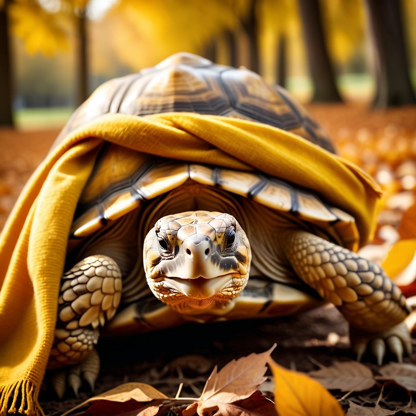 cinematic autumn scene of sulcata tortoise turtle/tortoise in a yellow scarf, highly detailed and beautiful.