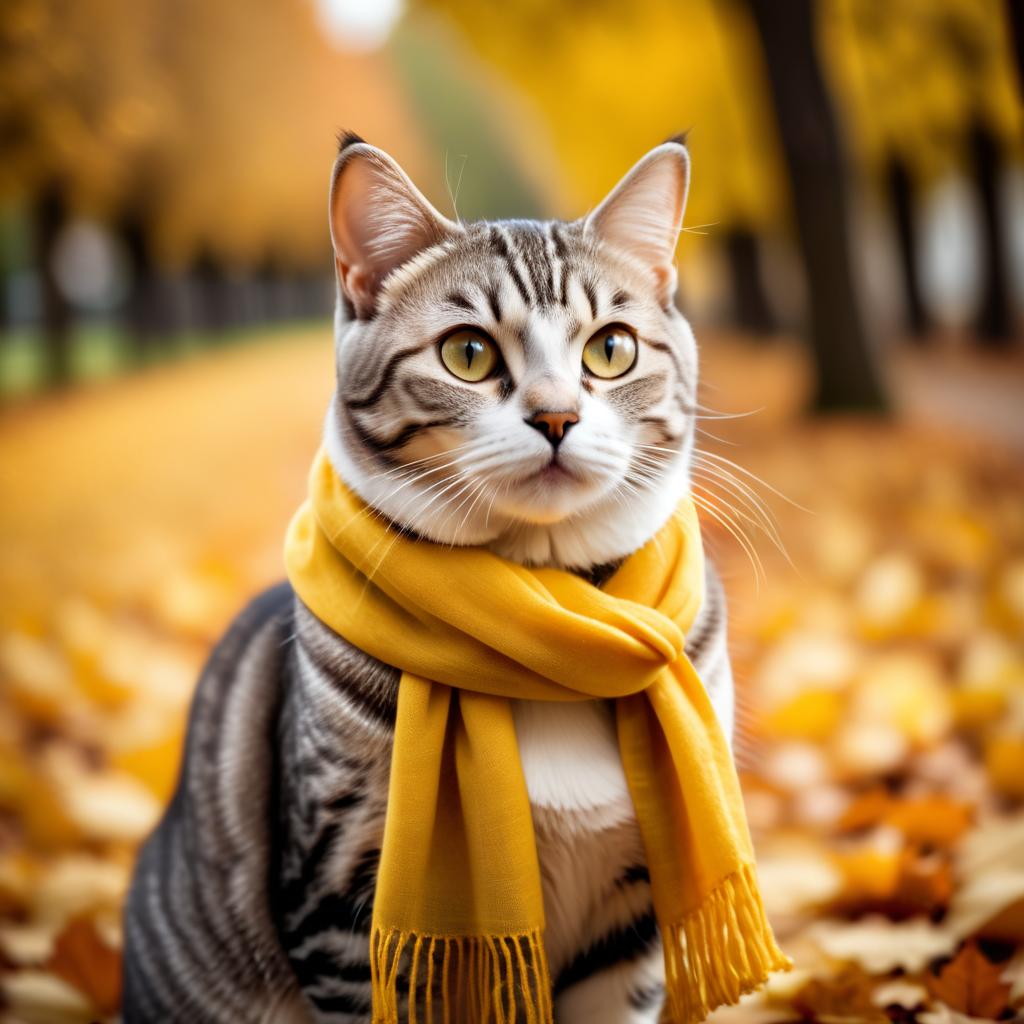 cinematic autumn scene of american shorthair cat in a yellow scarf, highly detailed and beautiful.