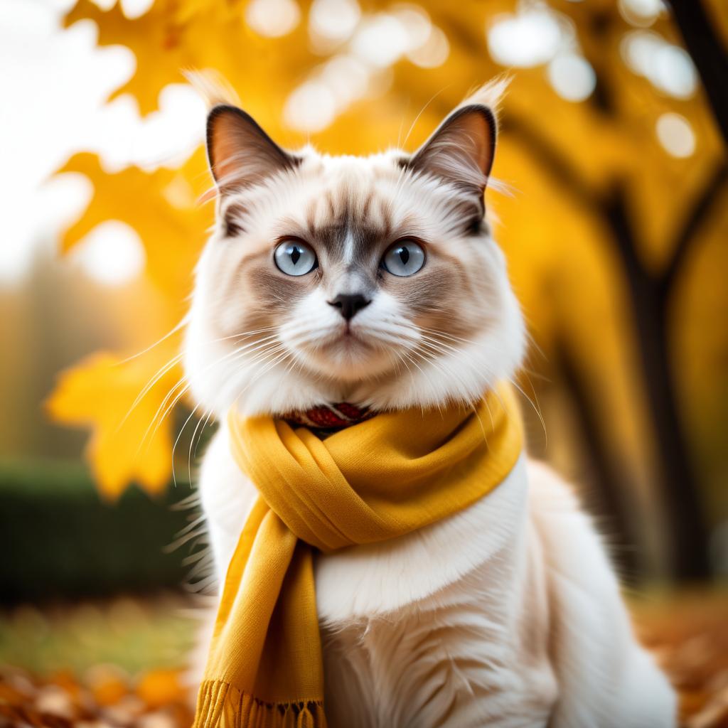 cinematic autumn scene of birman cat in a yellow scarf, highly detailed and beautiful.