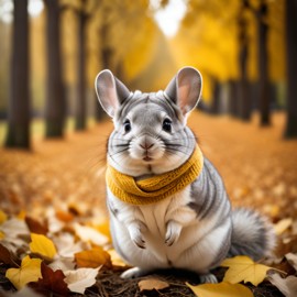 cinematic autumn scene of standard grey chinchilla in a yellow scarf, highly detailed and beautiful.