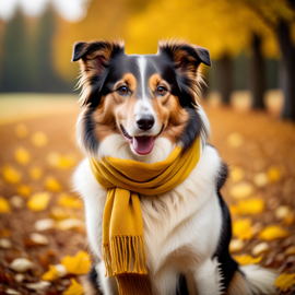 cinematic autumn scene of collie in a yellow scarf, highly detailed and beautiful.