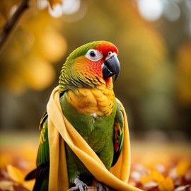 cinematic autumn scene of conure bird in a yellow scarf, highly detailed and beautiful.