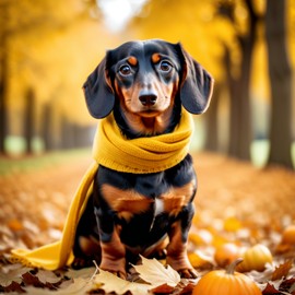 cinematic autumn scene of dachshund in a yellow scarf, highly detailed and beautiful.